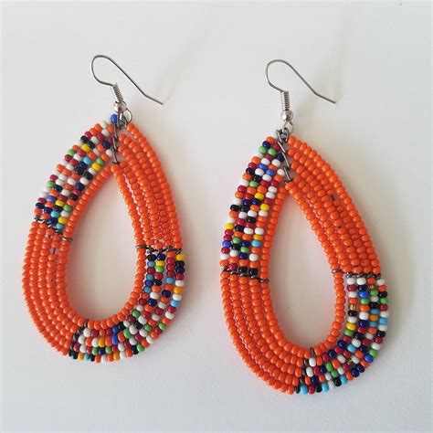 Orange Beaded Earrings Oval Shaped Earrings Summer Etsy