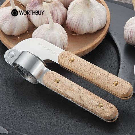 Worthbuy Stainless Steel Garlic Press With Wooden Handle Garlic