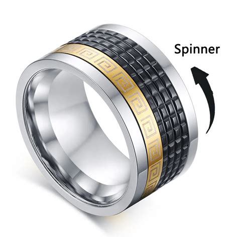 Men Spinner Rings Gold Plated Greek Key Pattern Titanium Steel Wedding