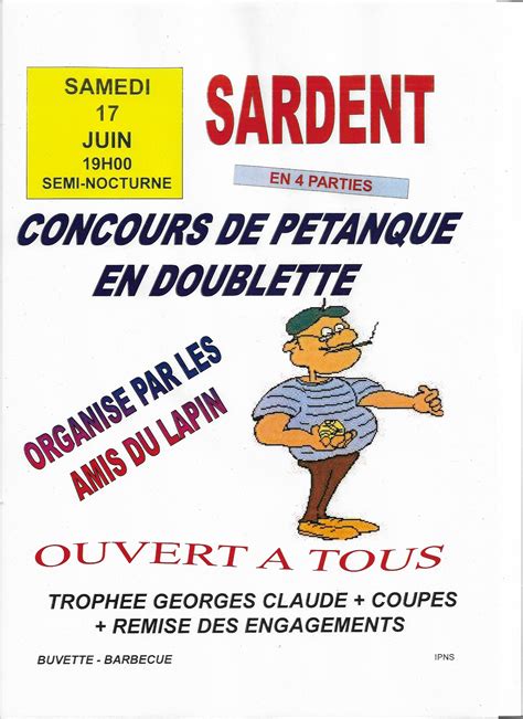 Concours de pétanque Ouvert à tous Sardent 17 juin 2023 Doublette