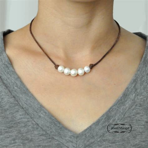 Five Pearl Leather Necklace Pearl Necklace Black Leatherfive Pearl Leather Necklacewhite