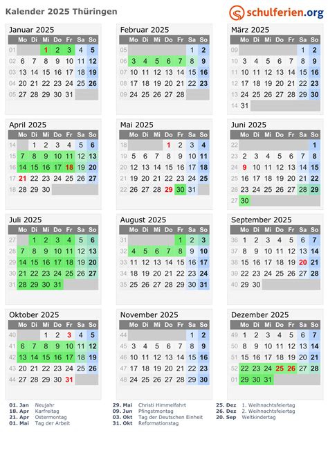 Kalender 2025 Ferien Thüringen Feiertage