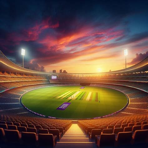 Empty cricket stadium view of entire gallery and lush green field with