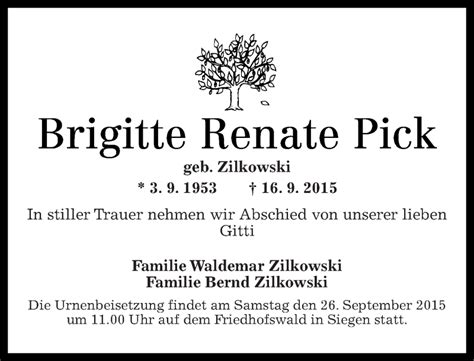 Traueranzeigen Von Brigitte Renate Pick Rz Trauer De