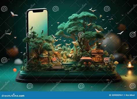 Mobile Phone Displaying Vibrant Miniature World Generative AI Stock