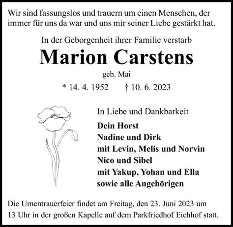 Traueranzeigen Von Marion Carstens Trauer Anzeigen De