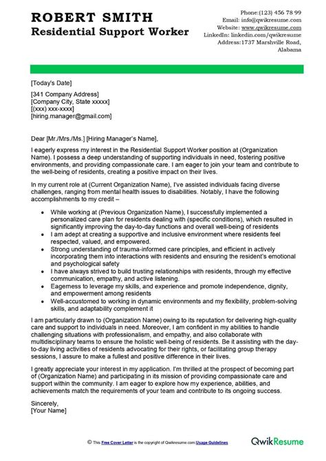 Residential Support Worker Cover Letter Examples QwikResume