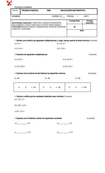 Prueba Diagnostico Matematica 5to