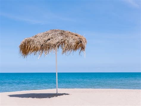 Premium Photo Thatched Roof At Beach Against Sky