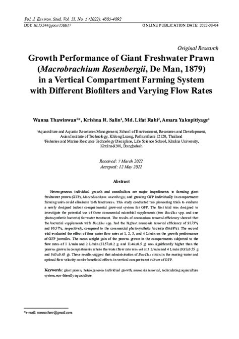 (PDF) Growth Performance of Giant Freshwater Prawn (Macrobrachium ...