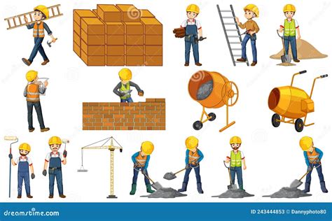 Construction Worker Set With Man And Tools Stock Illustration