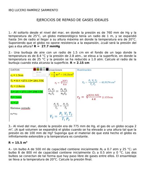 Ejercicios DE Gases Ideales 1 Resuelto FISICOQUIMICA EJERCICIOS DE