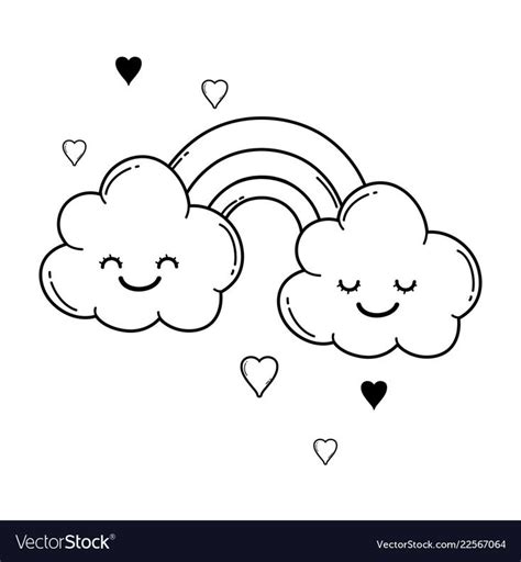 Cloud And Rainbow Cute Cartoon In Black White Vector Image On