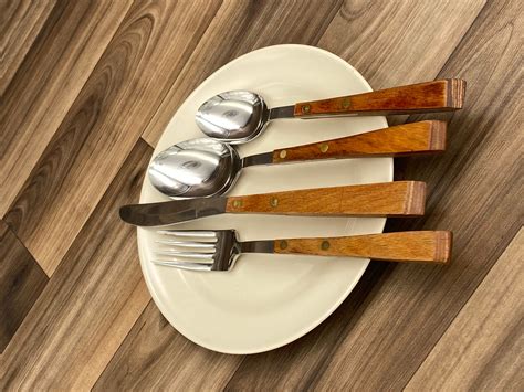 Vintage Flatware Set Continental Silverware Wood Handle Rustic Home