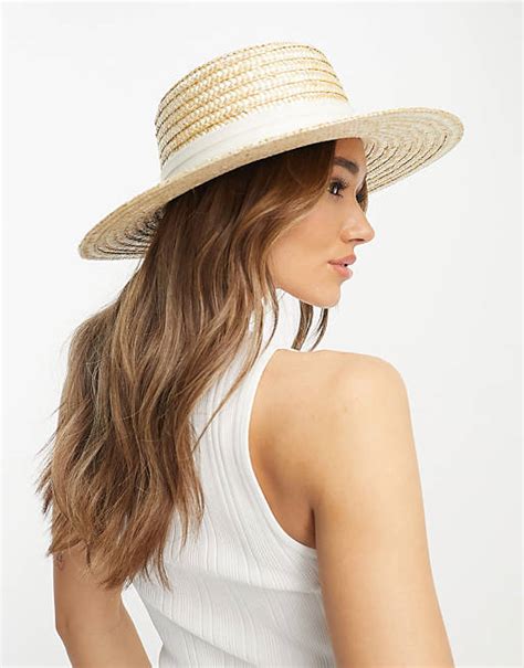 Asos Design Natural Straw Easy Boater Hat With Size Adjuster And White