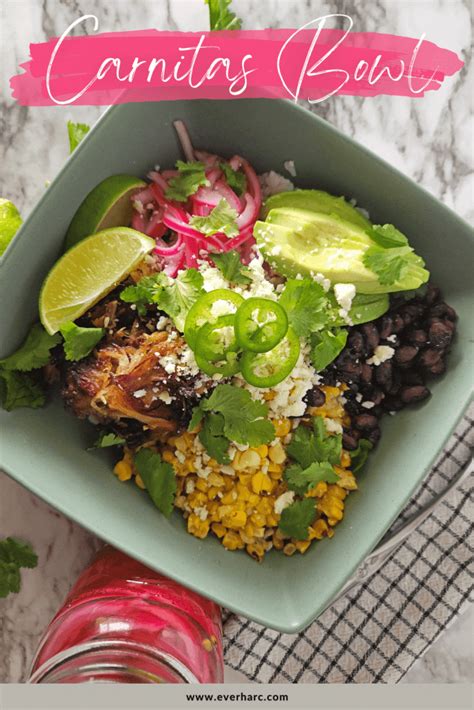 Carnitas Bowl with Quick Pickled Onions and Lime Crema - Ever Harc