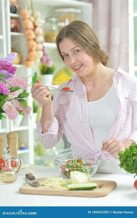 Portrait Of Teen Girl Preparing Fresh Salad Stock Image Image Of