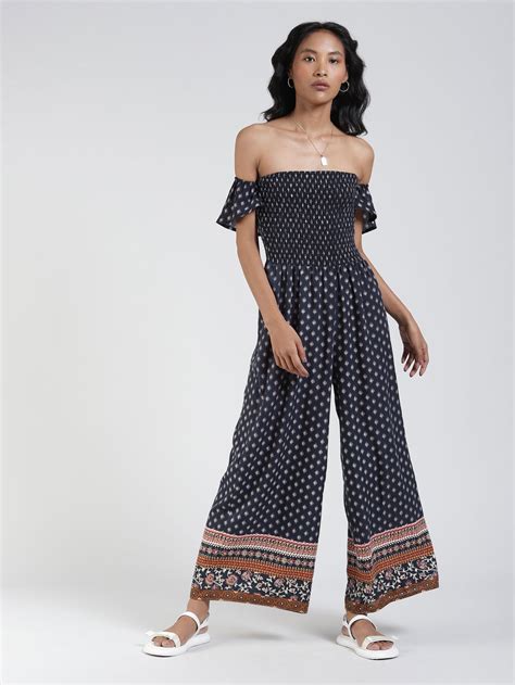 Buy Navy Off Shoulder Printed Jumpsuit Online Label Ritu Kumar India