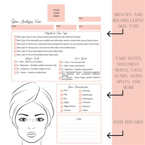 Editable And Printable Skin Analysis Form Template For Estheticians I Document Fitzpatrick Skin