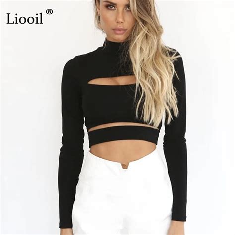 Liooil Black White Hollow Out Bodycon Crop Top Female 2018 Autumn