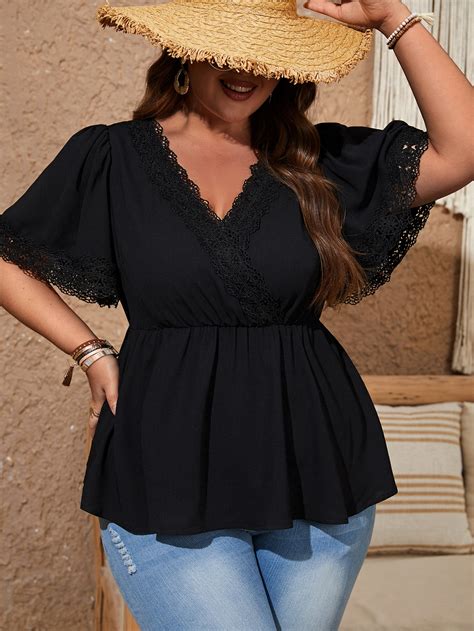 SHEIN Clasi Blusa Peplum Ribete Con Encaje De Manga Mariposa Moda De