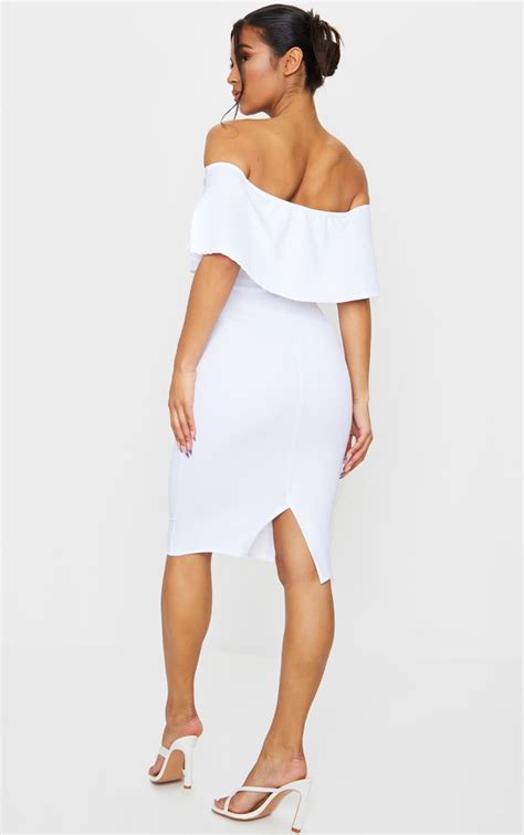 White Bardot Frill Midi Dress Prettylittlething Usa