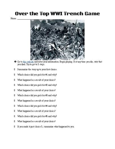 Trench warfare game for - over the top - WWI by The Sassy History Teacher