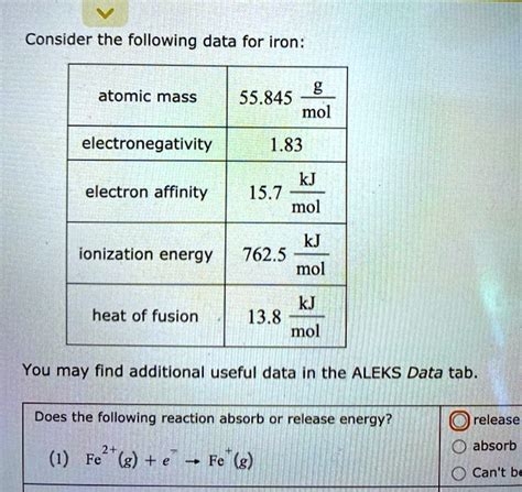 SOLVED Consider The Following Data For Iron G 55 845 Mol Atomic Mass