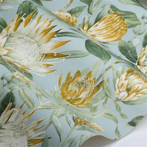 King Protea Par Sanderson Bleu Ciel Jaune Bois Papier Peint