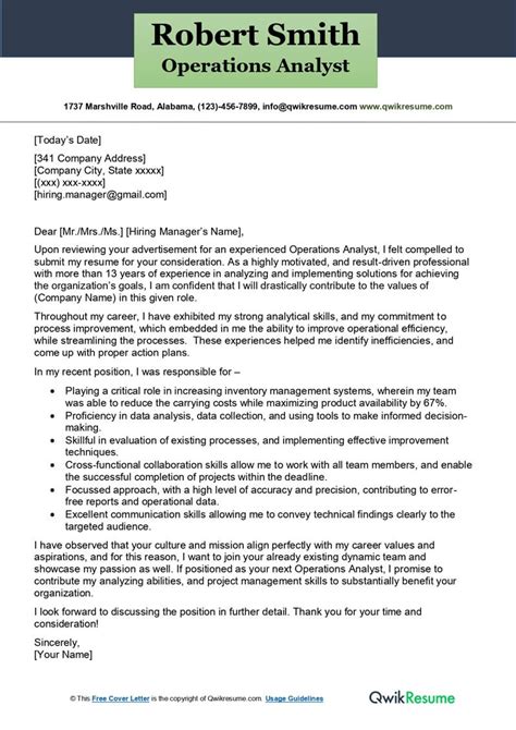 Operations Analyst Cover Letter Examples QwikResume