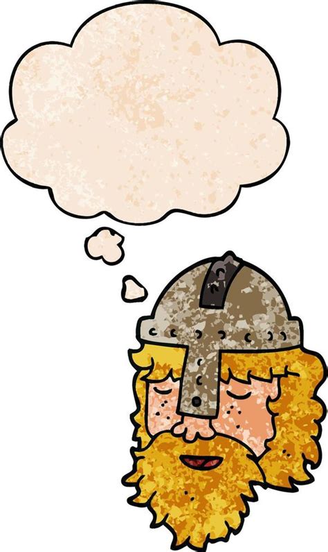 Cartoon Viking Face And Thought Bubble In Grunge Texture Pattern Style