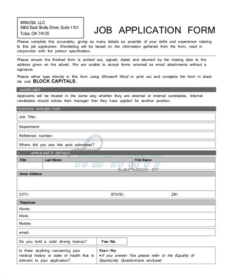 Free Sample Generic Job Application Forms In Pdf Ms Word Excel