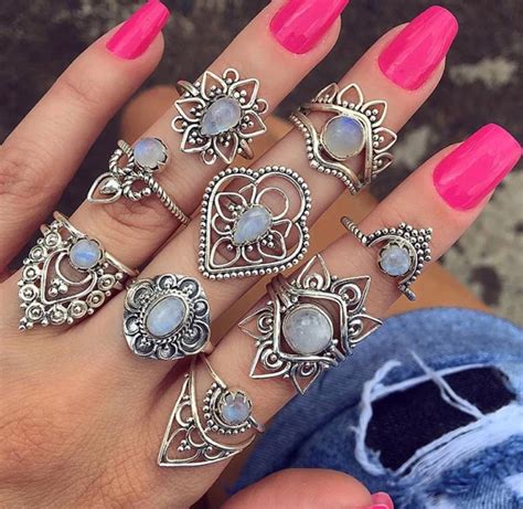 Vintage Moon Stone Boho Ring Set Bohemian Ring Set Bohemian Etsy