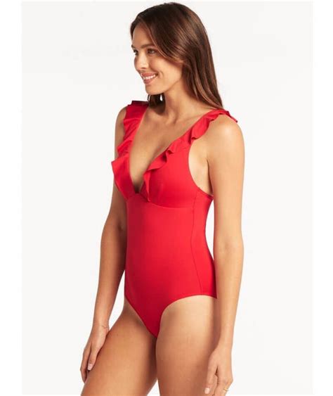 Sea Level Eco Essentials Frill One Piece Swimsuit Red Curvy Bras