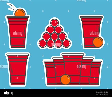 Red Beer Pong Stickers Plastic Cup And Ball With Splashing Beer