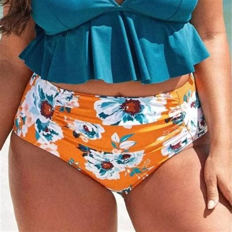 Cupshe Swim Nwt Blue Orange Floral Print High Waisted Bikini