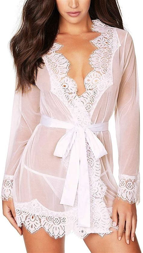 Women Kimono Robe Floral Lace Babydoll Lingerie Sheer Mesh Wedding