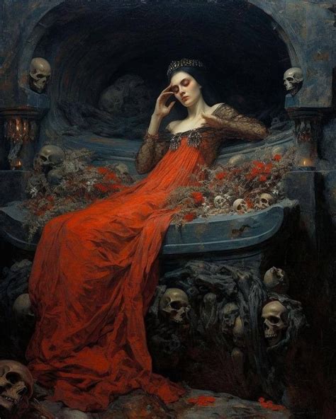 A Painting Of A Woman In A Red Dress Sitting On A Bench With Skulls