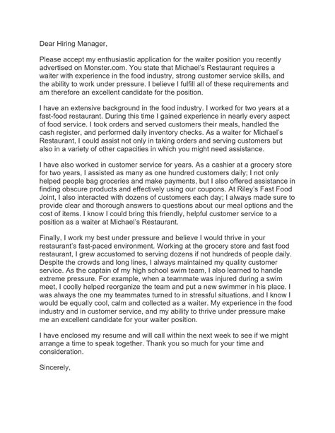 Free Waitress Cover Letter Template And Example On