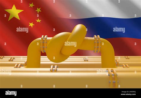 Fuel Gas Pipeline With A Knot On Background Of Chinese And Russian