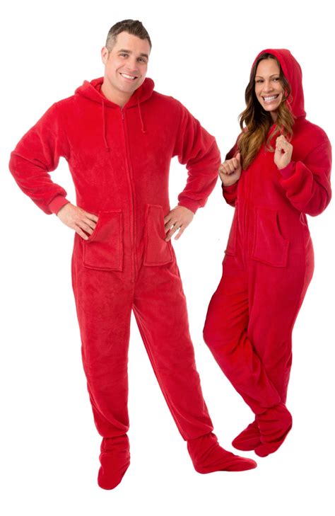 Hoodie Footed Red Plush Onesie Pajamas For Men And Women Big Feet