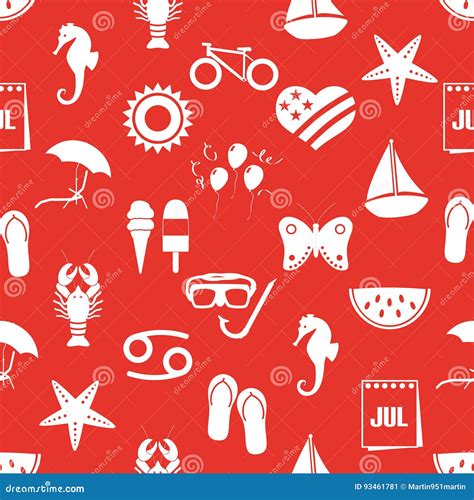 July Month Theme Set Of Simple Icons Red Seamless Pattern Eps10 Stock