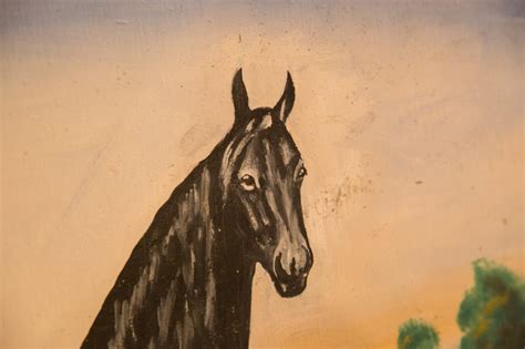 Vintage Folk Art Black Horse Painting