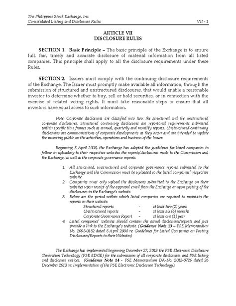 article vii disclosure rules consolidated listing  disclosure