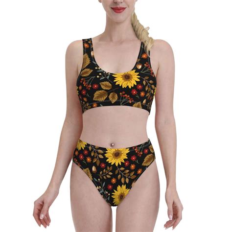 Adobk Sunflowers Leaves Print Women High Waisted Bikini Set Sports