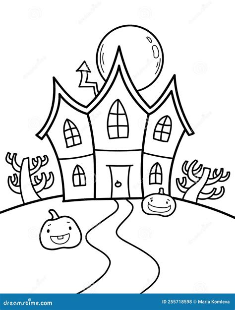 Vector Illustration With A Haunted House And Crooked Trees On The