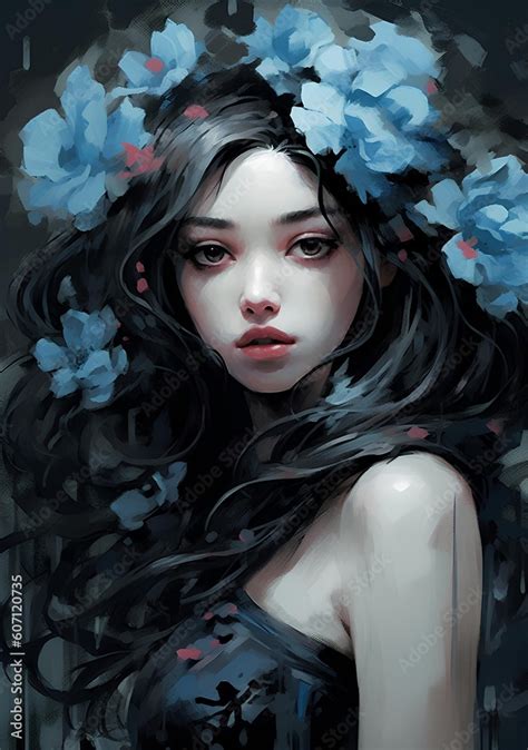 Dark And Brooding Anime Style Drawing Of A Girl With Flowers In Her