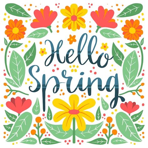 Free Vector Hello Spring Lettering With Colourful Flowers And Petals