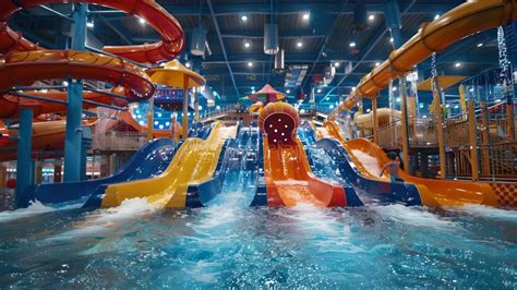 Indoor Water Park with Colorful Slides, Family Fun Concept. Exciting ...