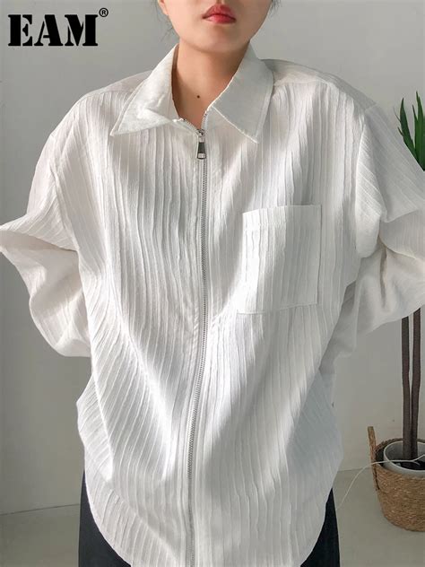 Eam Women White Striped Big Size Casual Blouse New Lapel Long Sleeve